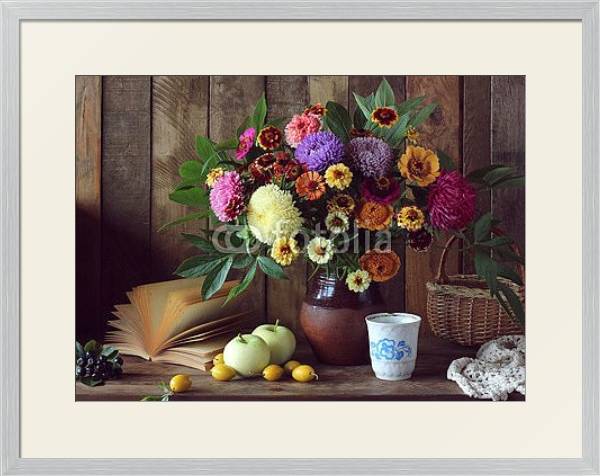 Постер Still life with bouquet, apples, plums and an open book. с типом исполнения Под стеклом в багетной раме 1727.2310