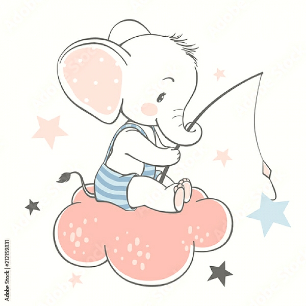 Постер Маленький слоненок рыбачит на облачке с типом исполнения На холсте без рамы