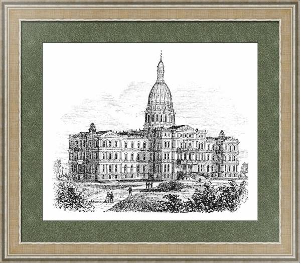Постер Michigan State Capitol Building. Lansing, United States vintage engraving с типом исполнения Акварель в раме в багетной раме 485.M40.584