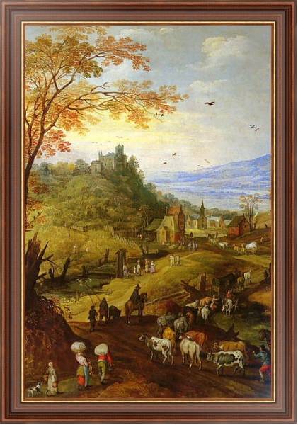Постер Горный пейзаж со скотом на дороге с типом исполнения На холсте в раме в багетной раме 35-M719P-83
