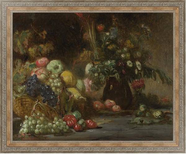 Постер Натюрморт с фруктами и цветами с типом исполнения На холсте в раме в багетной раме 484.M48.310
