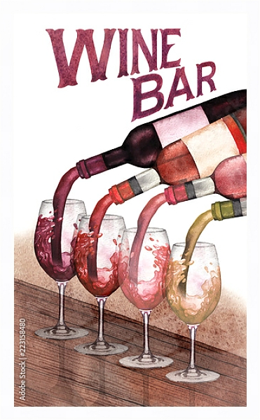 Постер Акварельные красные, белые и розовые вина, налитые из бутылок в стаканы, стоящие на деревянном столе с типом исполнения На холсте в раме в багетной раме 221-03