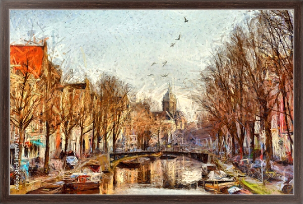 Постер Амстердамский канал на утренней городской улице с типом исполнения На холсте в раме в багетной раме 221-02