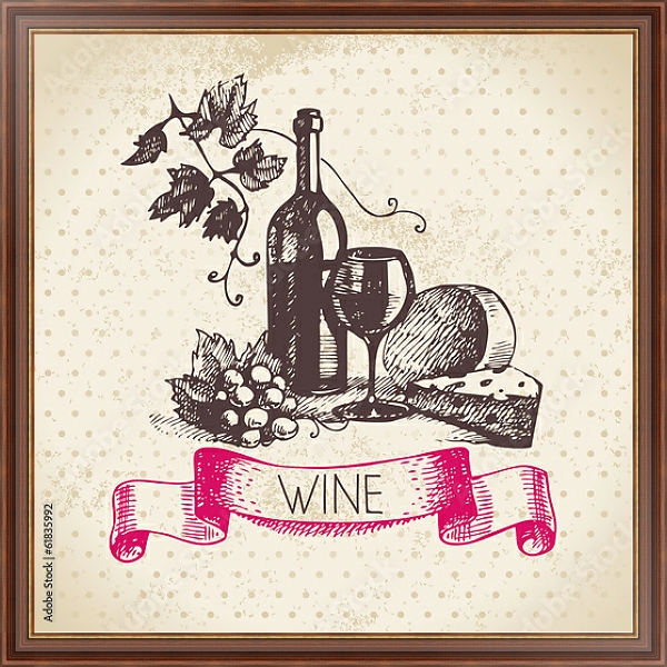 Постер Иллюстрация с вином и сыром с типом исполнения На холсте в раме в багетной раме 35-M719P-83