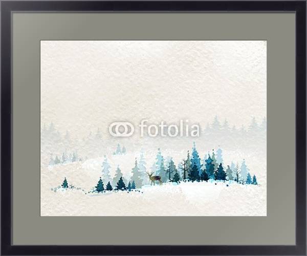Постер Олень в зимнем лесу с типом исполнения Под стеклом в багетной раме 221-01