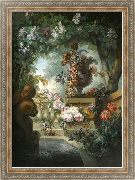 Постер A Garden Scene With An Urn Of Flowers, A Flower Garland And A Fountain Beneath A Canopy Of Wisteria с типом исполнения На холсте в раме в багетной раме 484.M48.310