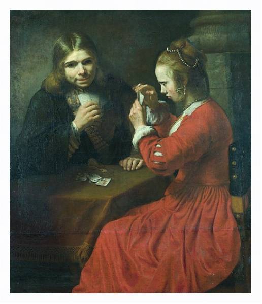 Постер Молодые юноша и девушка, играющие в карты с типом исполнения На холсте в раме в багетной раме 221-03