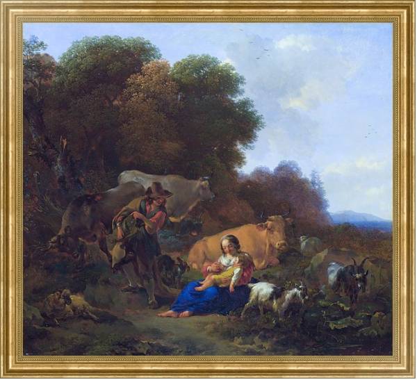 Постер Крестьянин, играющий с женщиной и ребенком с типом исполнения На холсте в раме в багетной раме NA033.1.051