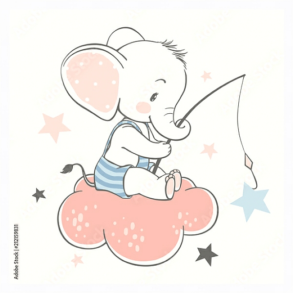Постер Маленький слоненок рыбачит на облачке с типом исполнения На холсте в раме в багетной раме 221-03