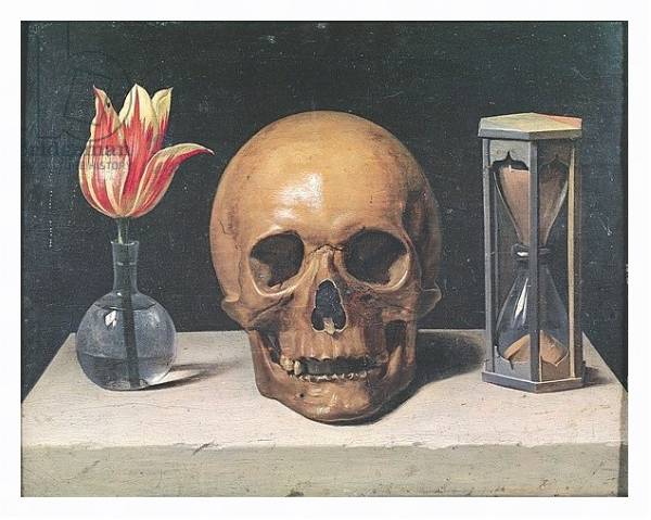 Постер Vanitas Still Life with a Tulip, Skull and Hour-Glass с типом исполнения На холсте в раме в багетной раме 221-03