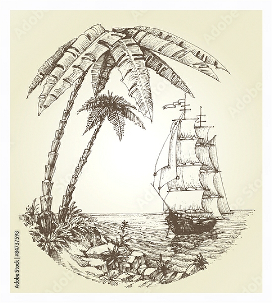 Постер Парусник на морском тропическом побережье с типом исполнения На холсте в раме в багетной раме 221-03