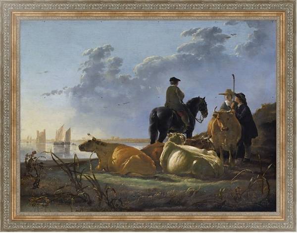 Постер Крестьяне со скотом рядом с речкой с типом исполнения На холсте в раме в багетной раме 484.M48.310