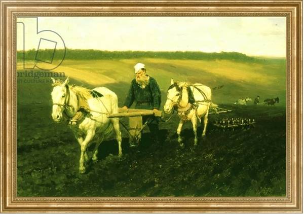 Постер The writer Lev Nikolaevich Tolstoy ploughing with horses, 1889 с типом исполнения На холсте в раме в багетной раме NA033.1.051