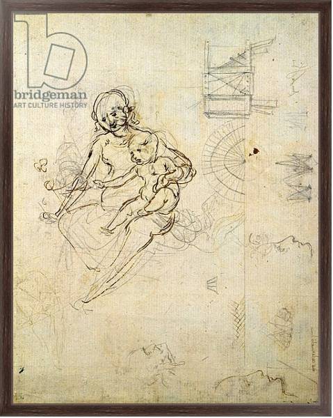 Постер Studies for a Virgin and Child and of Heads in Profile and Machines, c.1478-80 с типом исполнения На холсте в раме в багетной раме 221-02