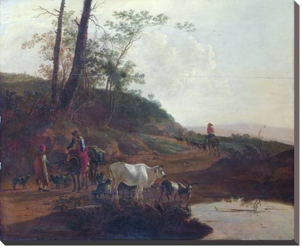 Постер Мужчина с волом и скотом у пруда с типом исполнения На холсте без рамы