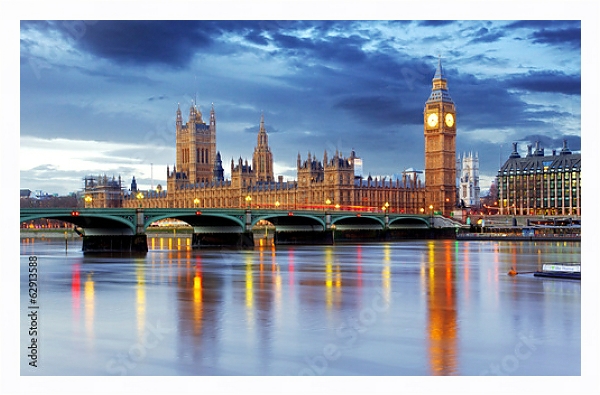 Постер Великобритания. Лондон. Парламент и Биг Бен с типом исполнения На холсте в раме в багетной раме 221-03