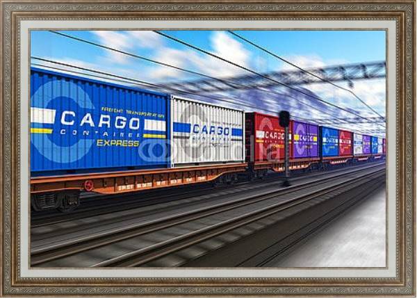 Постер Грузовой поезд с контейнерами с типом исполнения На холсте в раме в багетной раме 595.M52.330