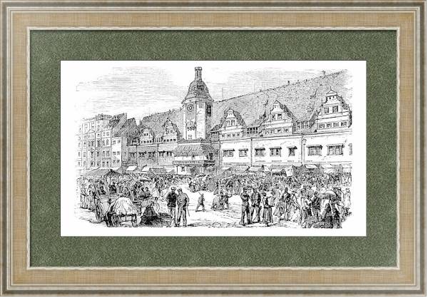Постер City Hall and market place in Leipzig, Germany, vintage engraving с типом исполнения Акварель в раме в багетной раме 485.M40.584