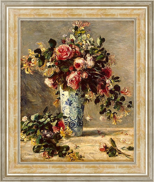 Постер Розы и жасмин в дельфтской вазе с типом исполнения На холсте в раме в багетной раме NA053.0.115