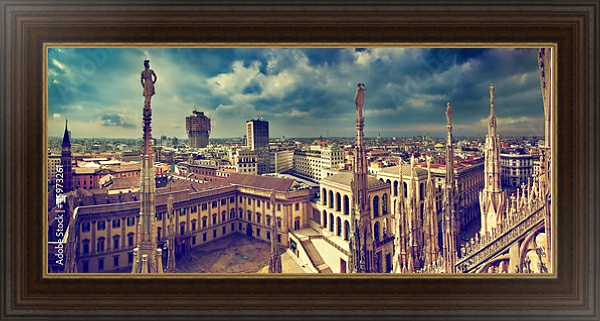Постер Милан, панорамный вид с крыш с типом исполнения На холсте в раме в багетной раме 1.023.151