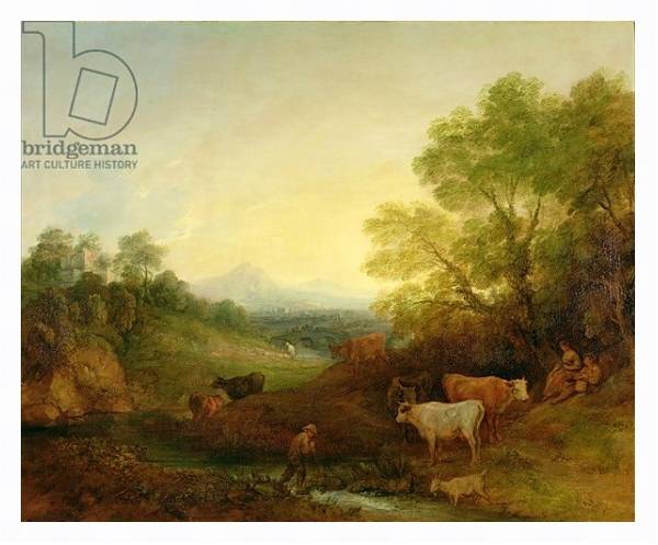 Постер A Landscape with Cattle and Figures by a Stream and a Distant Bridge, c.1772-4 с типом исполнения На холсте в раме в багетной раме 221-03