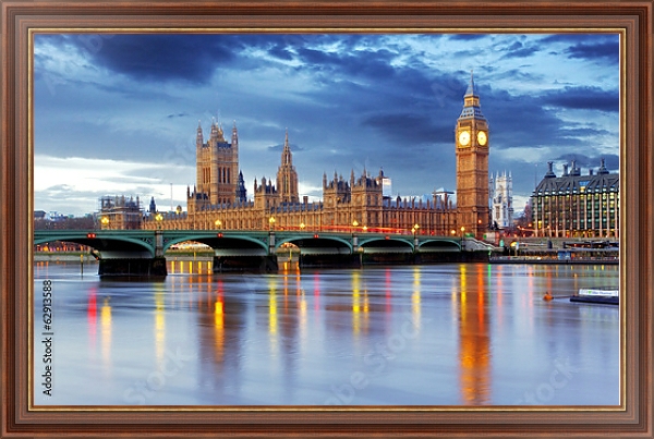 Постер Великобритания. Лондон. Парламент и Биг Бен с типом исполнения На холсте в раме в багетной раме 35-M719P-83
