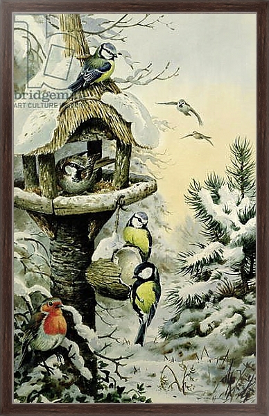 Постер Winter Bird Table with Blue Tits, Great Tits, House Sparrows and a Robin с типом исполнения На холсте в раме в багетной раме 221-02