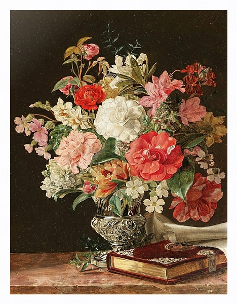 Постер A Bouquet of Flowers with Camellias in a Silver Vase с типом исполнения На холсте в раме в багетной раме 221-03