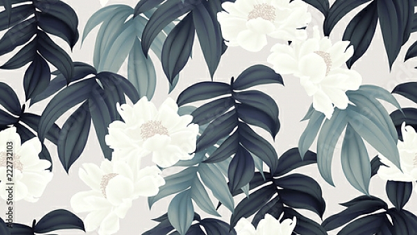 Постер Белые пионы в зеленых листьях с типом исполнения На холсте без рамы
