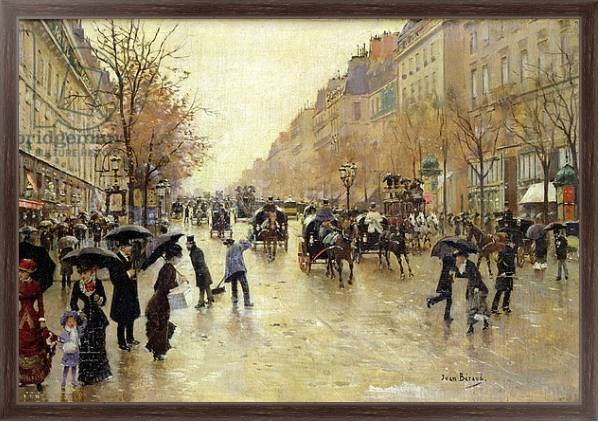 Постер Boulevard Poissonniere in the Rain, c.1885 с типом исполнения На холсте в раме в багетной раме 221-02