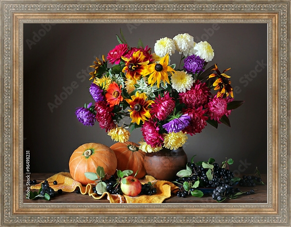 Постер Осенний натюрморт с цветами и фруктами. с типом исполнения На холсте в раме в багетной раме 484.M48.310