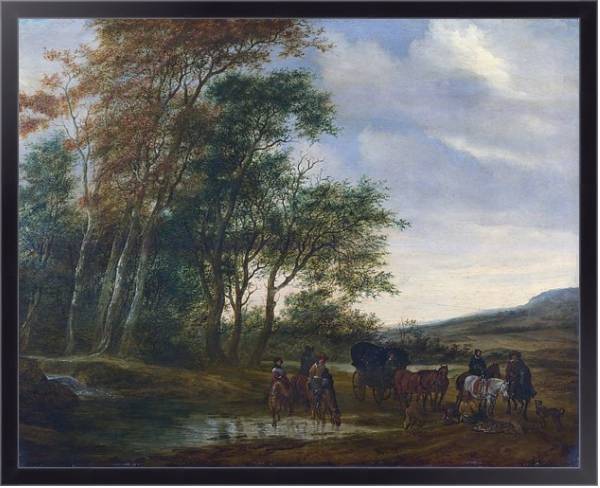 Постер Пейзаж с каретой и всадником у пруда с типом исполнения На холсте в раме в багетной раме 221-01