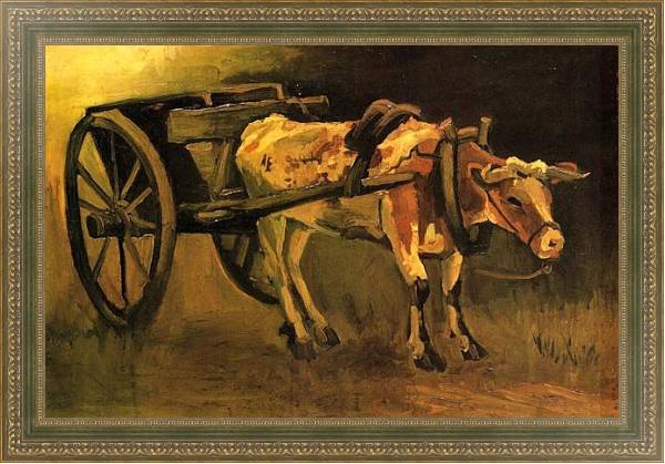 Постер Телега запряженная рыже-белым буйволом с типом исполнения На холсте в раме в багетной раме 484.M48.640