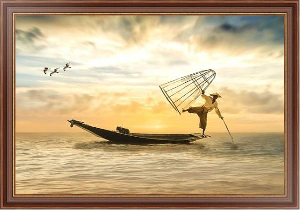 Постер Азиатский рыбак в лодке с сетью с типом исполнения На холсте в раме в багетной раме 35-M719P-83