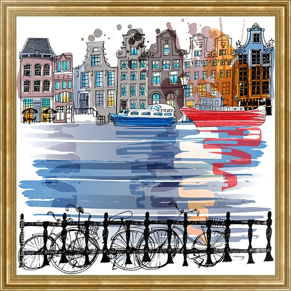 Постер Улица с каналом в Амстердаме с типом исполнения На холсте в раме в багетной раме NA033.1.051