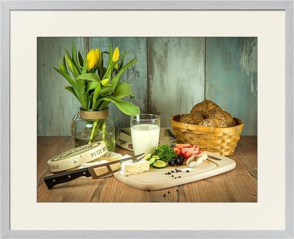 Постер Завтрак с сыром, овощами и молоком с типом исполнения Под стеклом в багетной раме 1727.2310