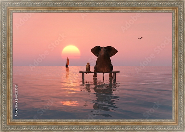 Постер Слон и собака, сидящие посреди моря с типом исполнения На холсте в раме в багетной раме 484.M48.310