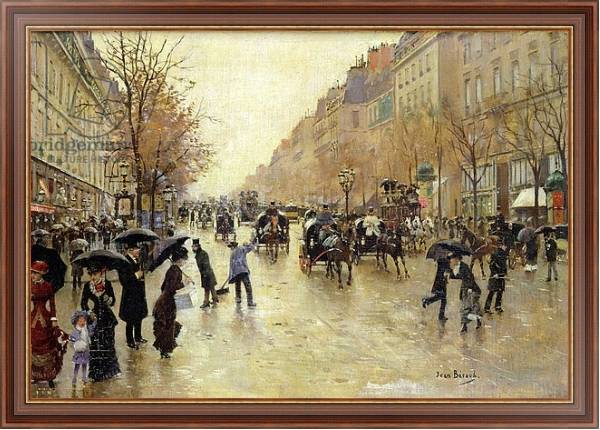 Постер Boulevard Poissonniere in the Rain, c.1885 с типом исполнения На холсте в раме в багетной раме 35-M719P-83