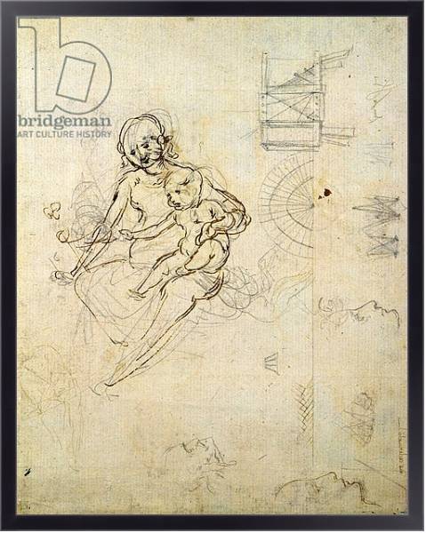 Постер Studies for a Virgin and Child and of Heads in Profile and Machines, c.1478-80 с типом исполнения На холсте в раме в багетной раме 221-01