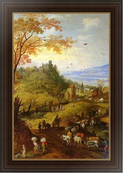 Постер Горный пейзаж со скотом на дороге с типом исполнения На холсте в раме в багетной раме 1.023.151