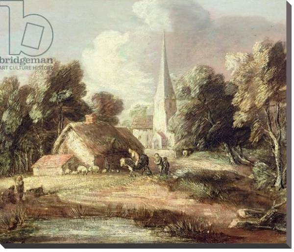 Постер Landscape with a Church, Cottage, Villagers and Animals, c.1771-2 с типом исполнения На холсте без рамы