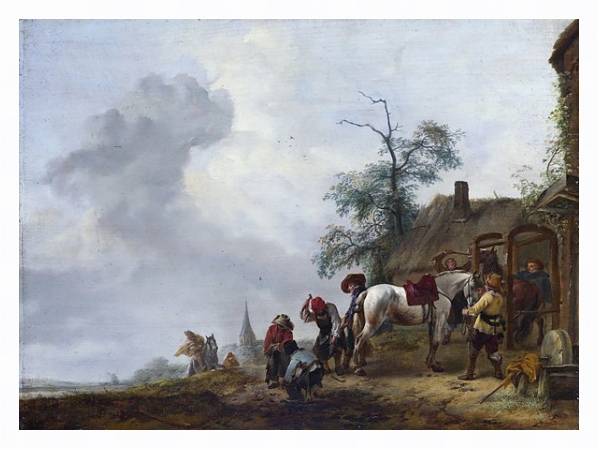 Постер Подковывание лошади у деревенской кузницы с типом исполнения На холсте в раме в багетной раме 221-03