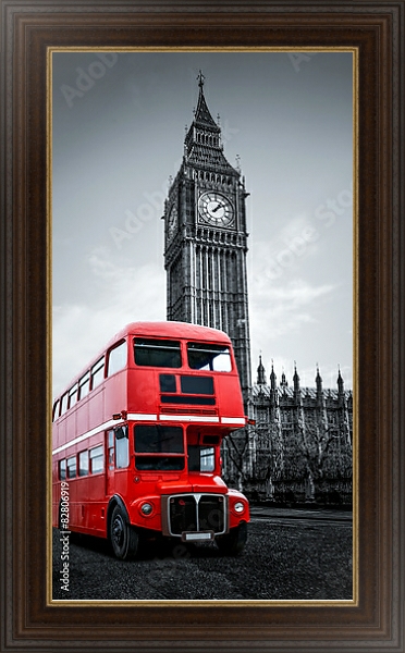 Постер Лондон, Англия. Красный автобус и Биг Бен с типом исполнения На холсте в раме в багетной раме 1.023.151