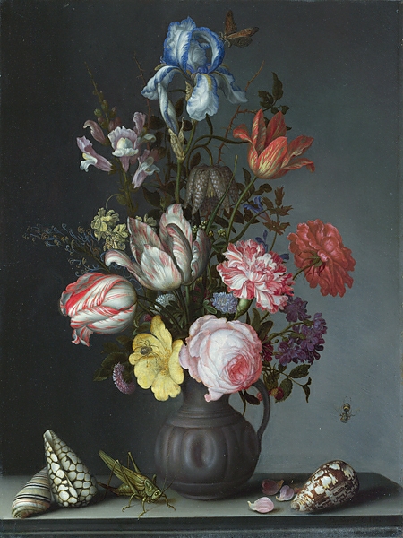 Постер Цветы в вазе с ракушками и насекомыми с типом исполнения На холсте без рамы