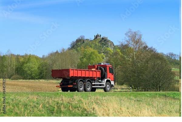 Постер Красный грузовик на сельской дороге с типом исполнения На холсте без рамы