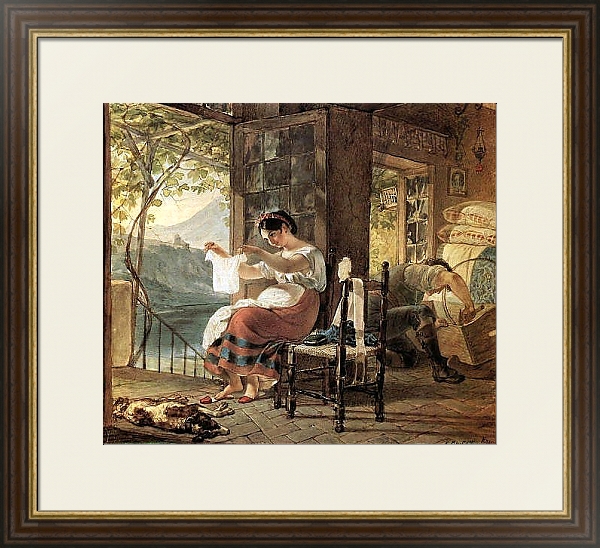 Постер Итальянка, ожидающая ребенка, разглядывает рубашку, муж сколачивает колыбель. 1831 с типом исполнения Под стеклом в багетной раме 1.023.036