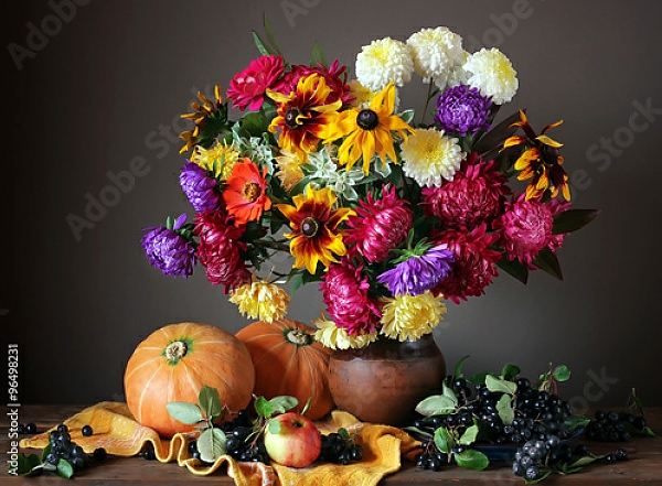 Постер Осенний натюрморт с цветами и фруктами. с типом исполнения На холсте без рамы
