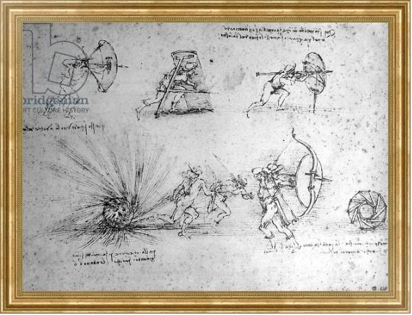 Постер Study with Shields for Foot Soldiers and an Exploding Bomb, c.1485-88 с типом исполнения На холсте в раме в багетной раме NA033.1.051