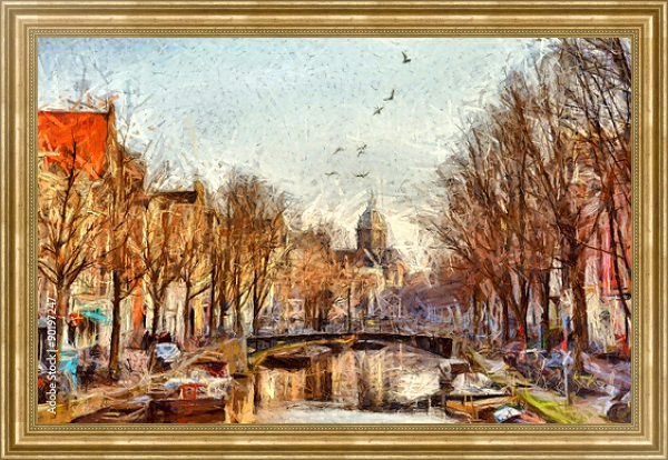 Постер Амстердамский канал на утренней городской улице с типом исполнения На холсте в раме в багетной раме NA033.1.051