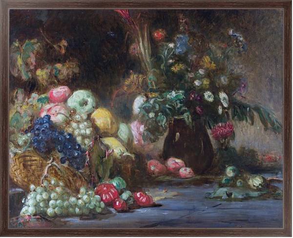 Постер Натюрморт с фруктами и цветами с типом исполнения На холсте в раме в багетной раме 221-02
